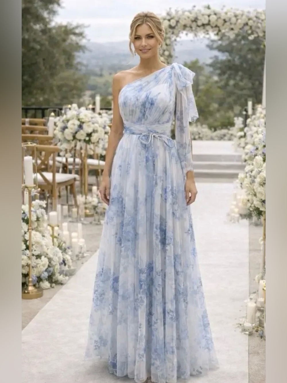 NWT Marchesa Notte Tie One Shoulder Chiffon Gown Floral White Blue Size 2